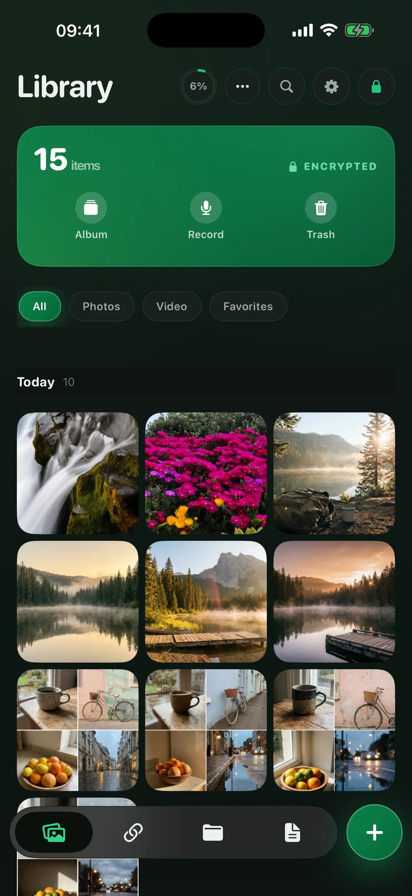 Hushfold Library screen on iPhone: a green “5 items · encrypted” card and a photo grid