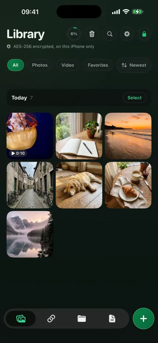 Hushfold Library screen on iPhone: a green “5 items · encrypted” card and a photo grid