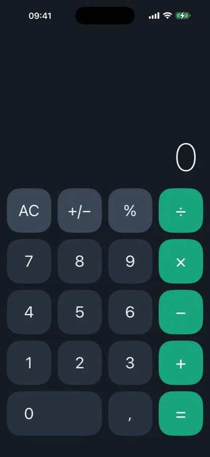 An iPhone showing a working calculator app with a full keypad.