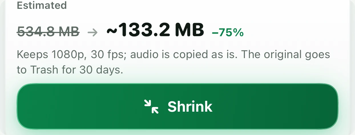The estimate card before running: 534.8 MB with a strikethrough, an arrow, then about 133.2 MB and minus 75 per cent, above a green Shrink button.