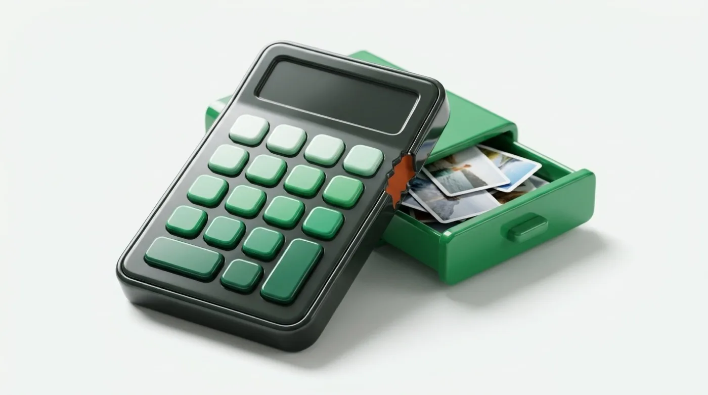 A calculator keypad panel in front. Behind it two cards: one folder spilling readable photos, one folder whose contents are scrambled blocks.