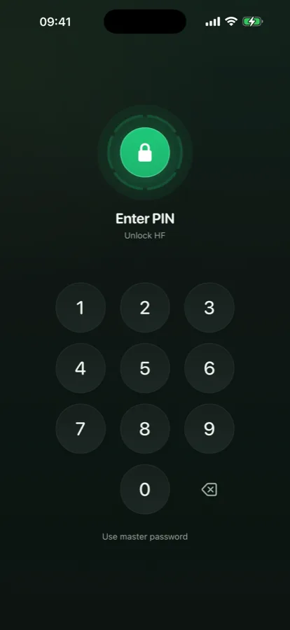A vault app's lock screen in dark mode: a padlock badge, the words Enter PIN, a numeric keypad, and a link reading Use master password.