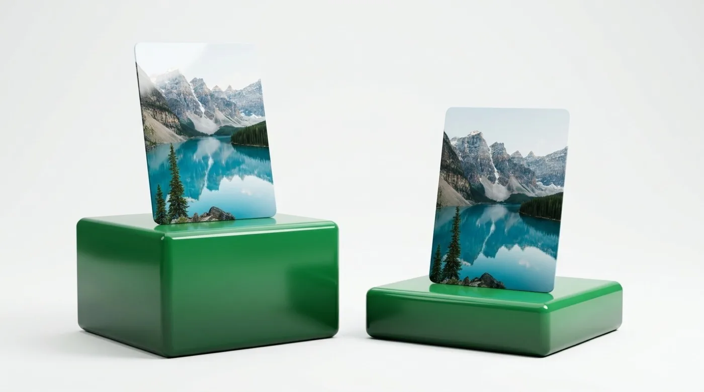 Two identical landscape photo frames side by side. Under the left one a tall column; under the right one a column about a quarter of the height.